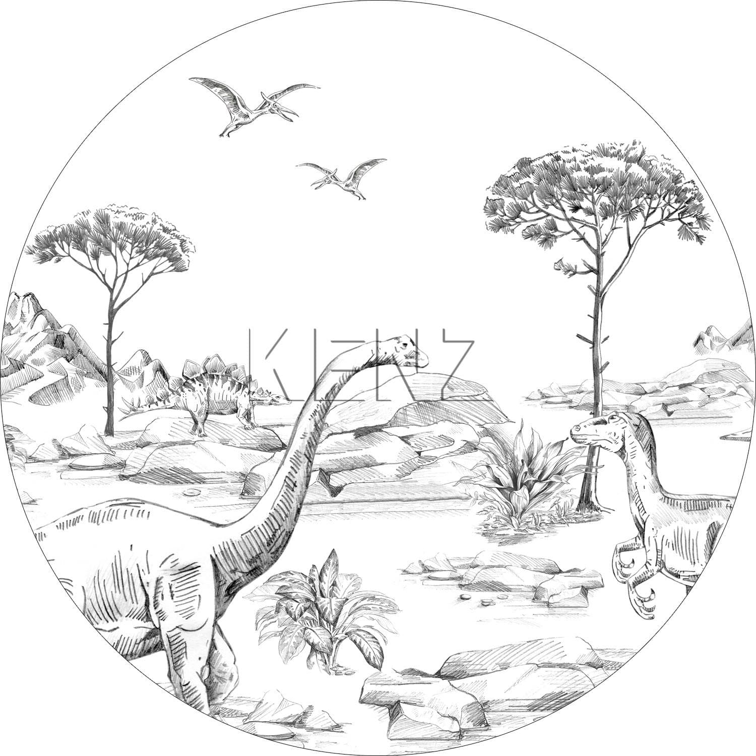 self-adhesive wallpaper circle dinosaurs black and white 159073