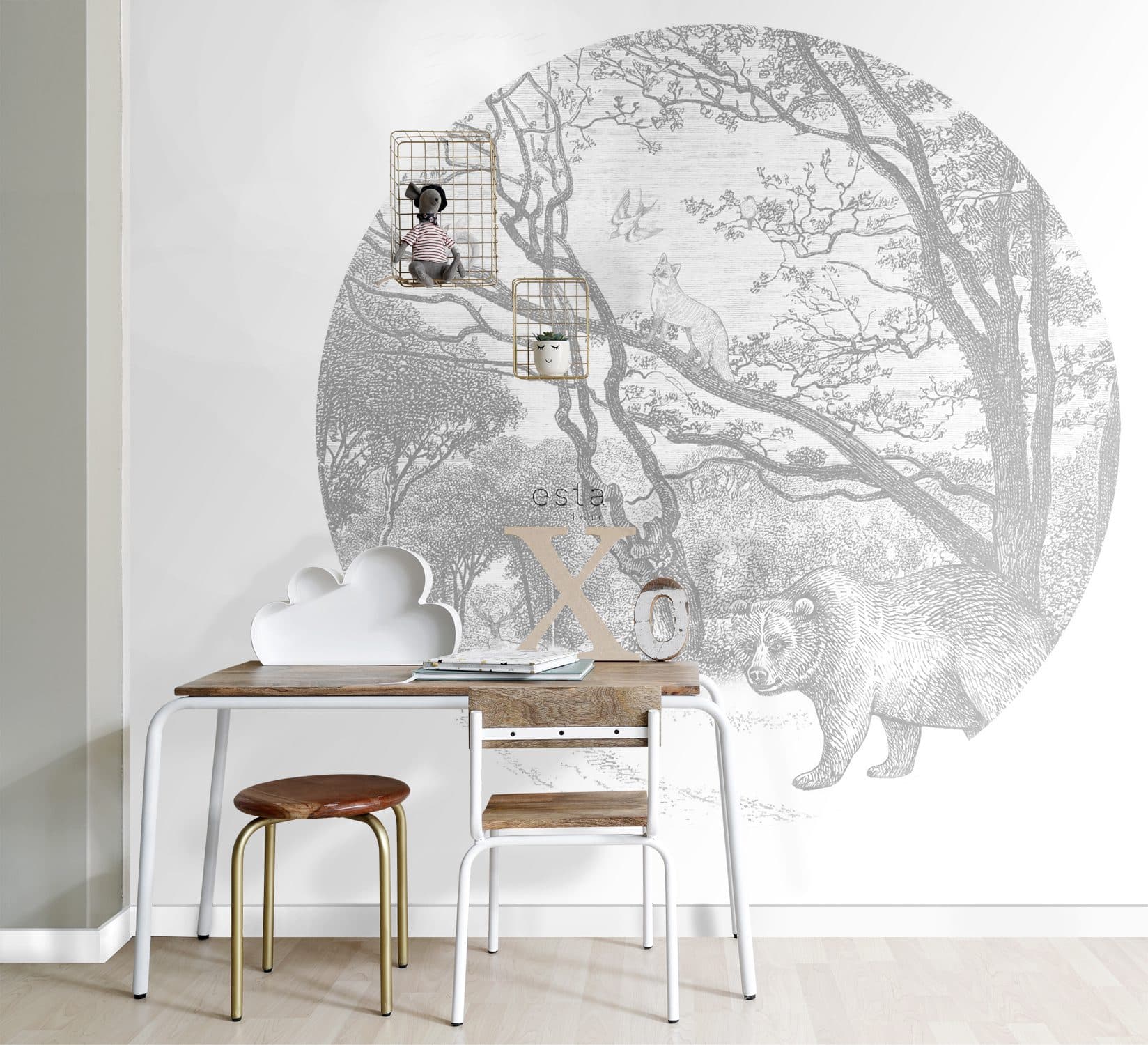 self-adhesive wallpaper circle forest with forest animals gray 159083