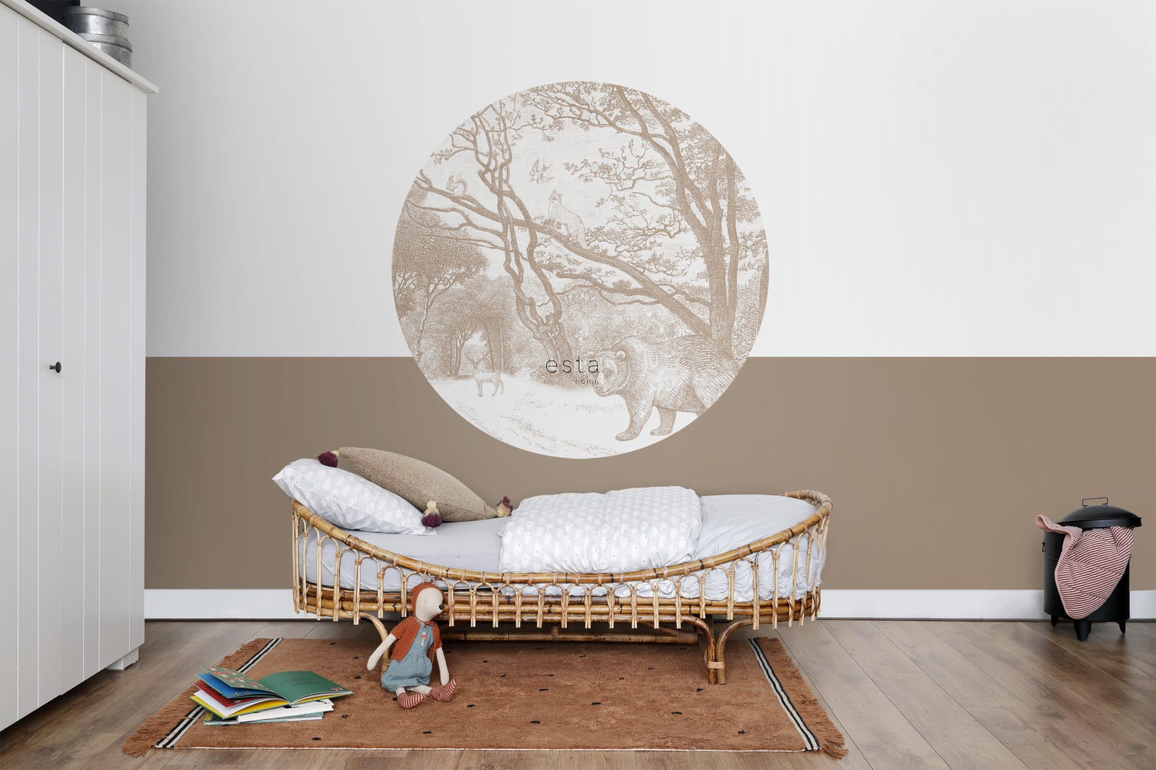 self-adhesive wallpaper circle forest with forest animals dark beige 159085