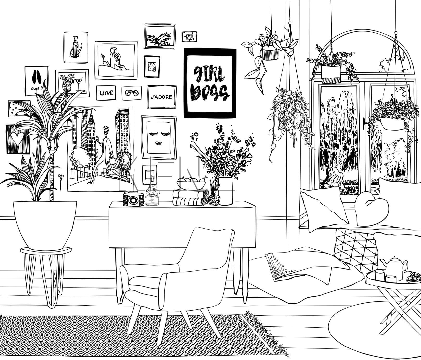 wall mural drawing living room black and white 159097