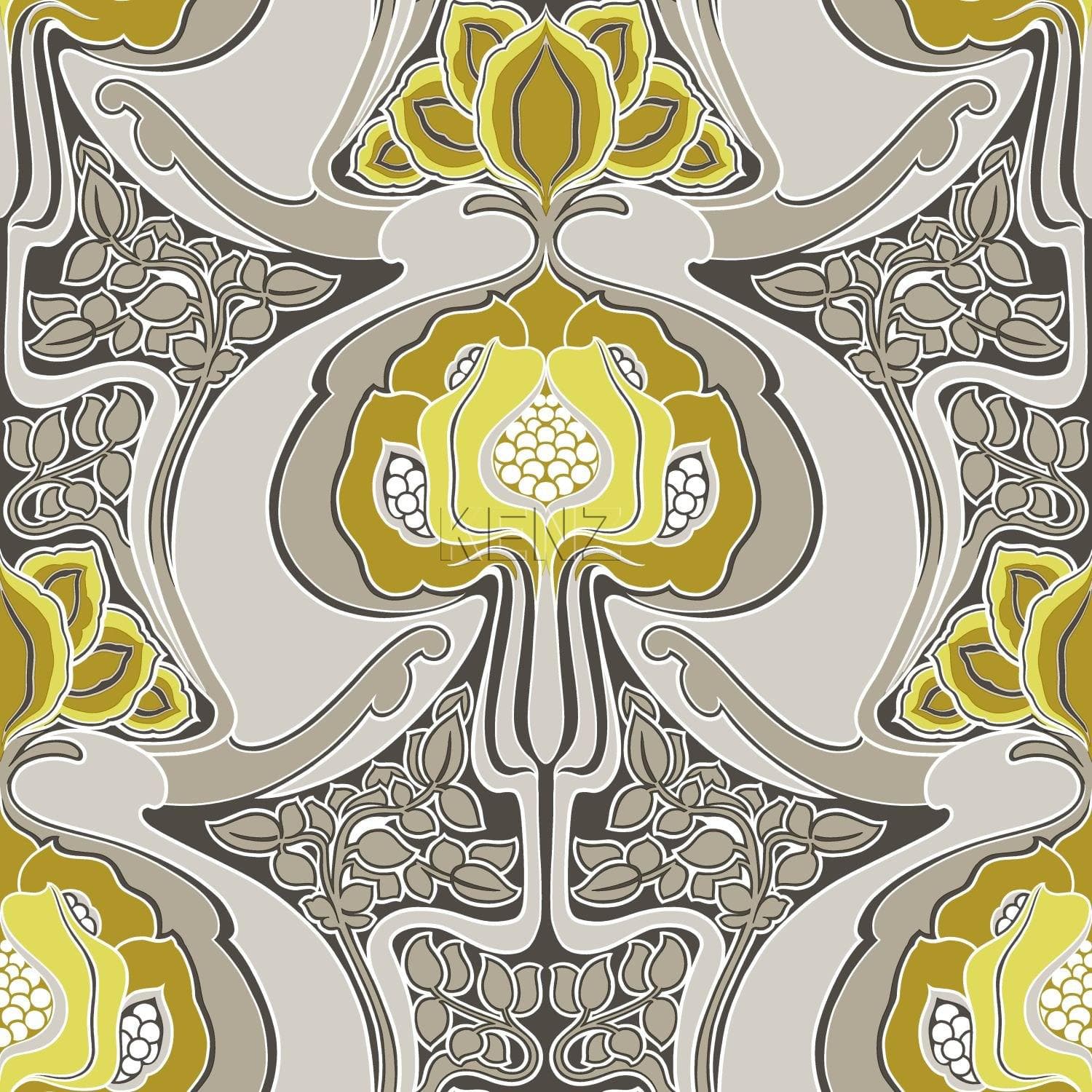 wallpaper Art Nouveau floral pattern ocher yellow and gray 347206