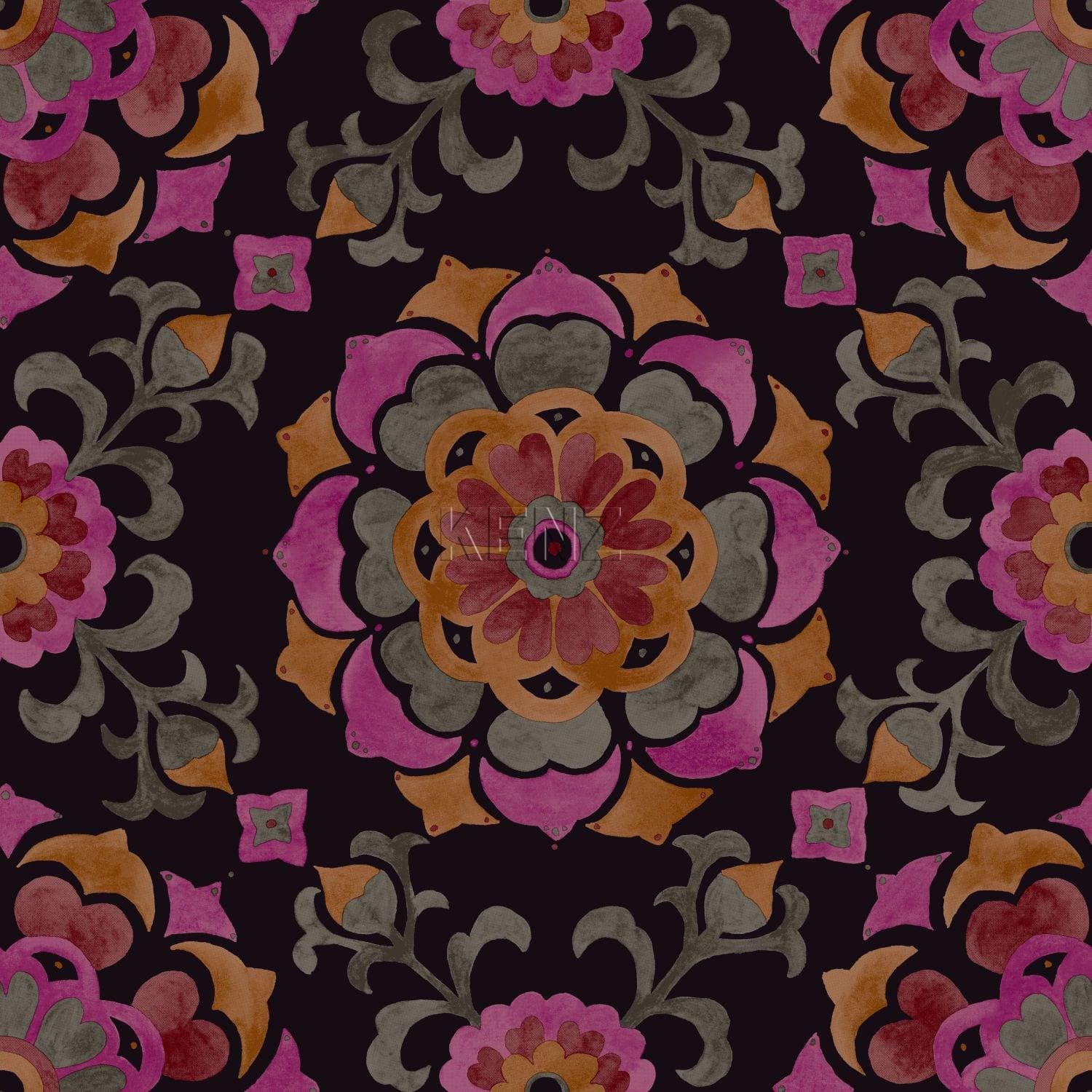 wallpaper suzani flowers black, orange and pink 347474