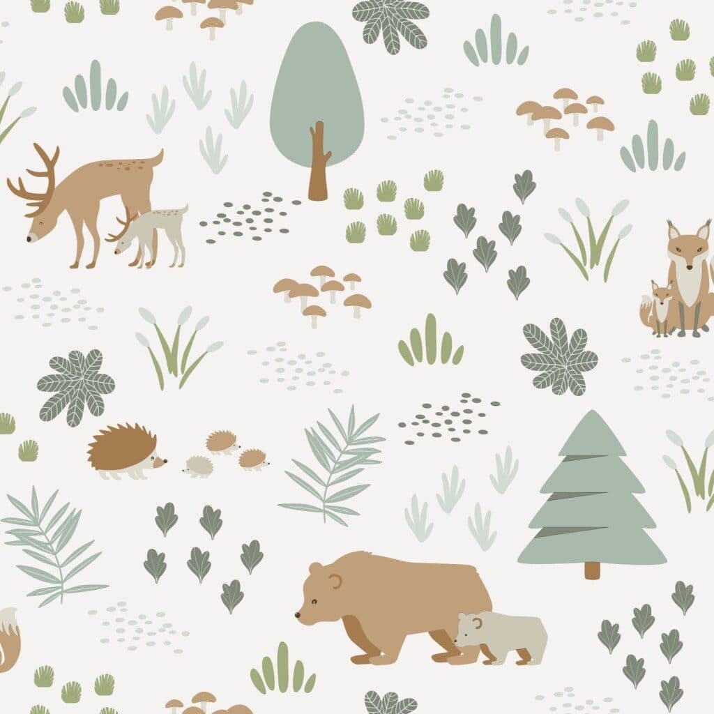 wallpaper forest with forest animals white, green and beige 139247