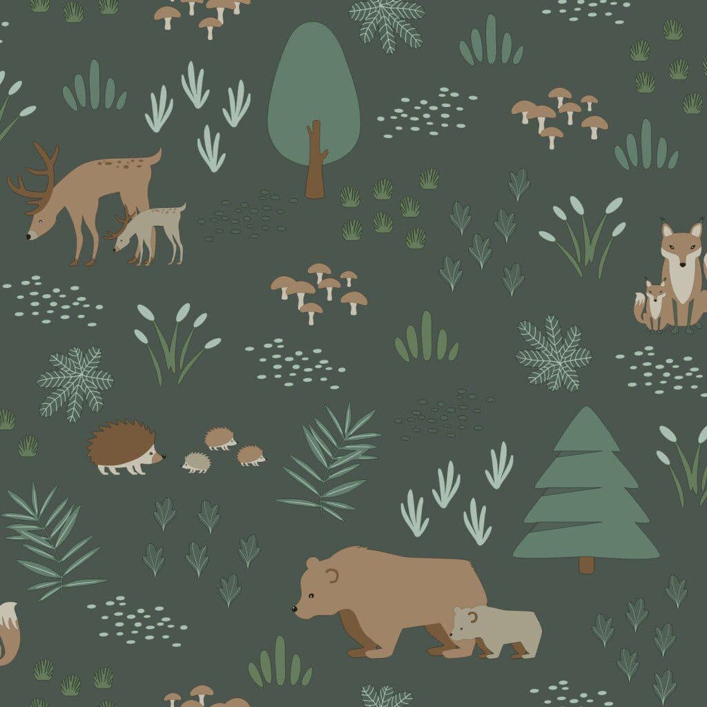 wallpaper forest with forest animals dark green and beige 139249